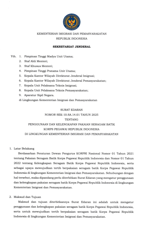 Surat Edaran Sekretariat Jenderal Kementerian Imigrasi dan Pemasyarakatan Nomor SEK-10.SA.14.01 Tahun 2025 tentang Penggunaan dan Kelengkapan Pakaian Seragam Batik Korps Pegawai Republik Indonesia di Lingkungan Kementerian Imigrasi dan Pemasyarakatan